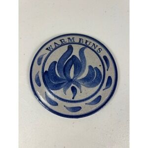 Vintage Signed Salt Glaze Stoneware Warm Buns Bread Warmer Cobalt Blue 5.25"